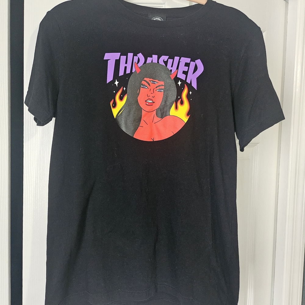 Thrasher Graphic Tee – Black, Devil Girl Flame Design, Size M